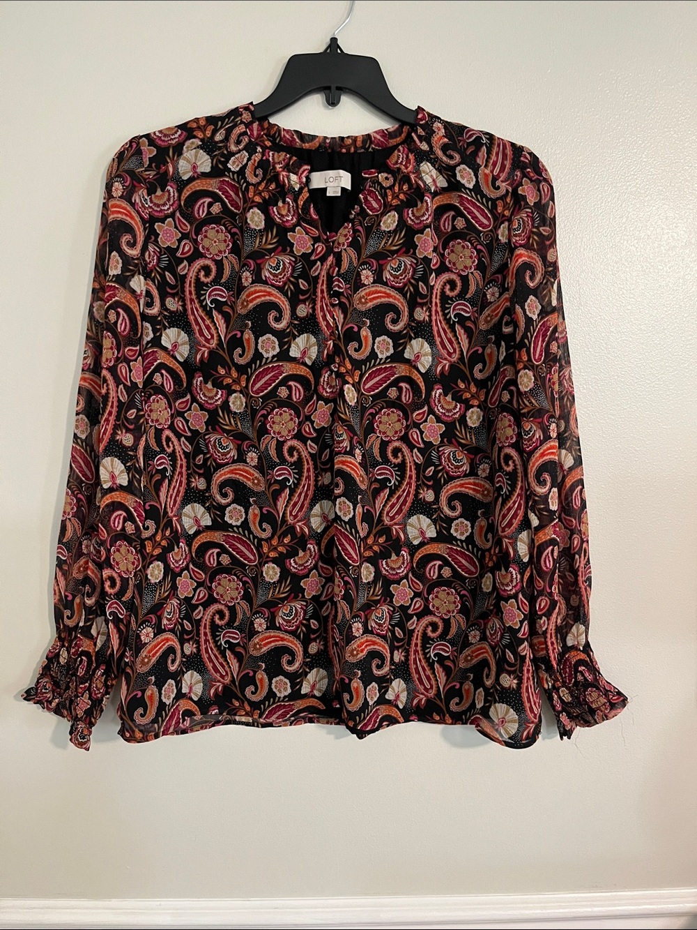 LOFT Black Paisley Print Long-Sleeve Blouse with Pink and Tan Accents